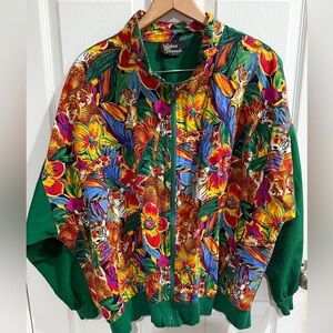 VTG Silver Threads Colorful Floral Jungle Print Tiger Lightweight Jacket safari